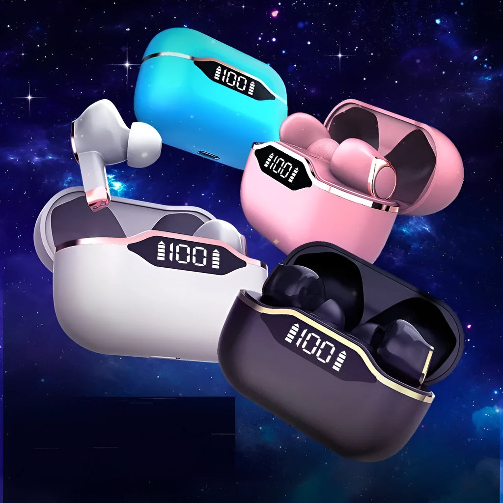 T28 TWS earphones with LED display and IPX5 waterproof rating in black, shown with charging case