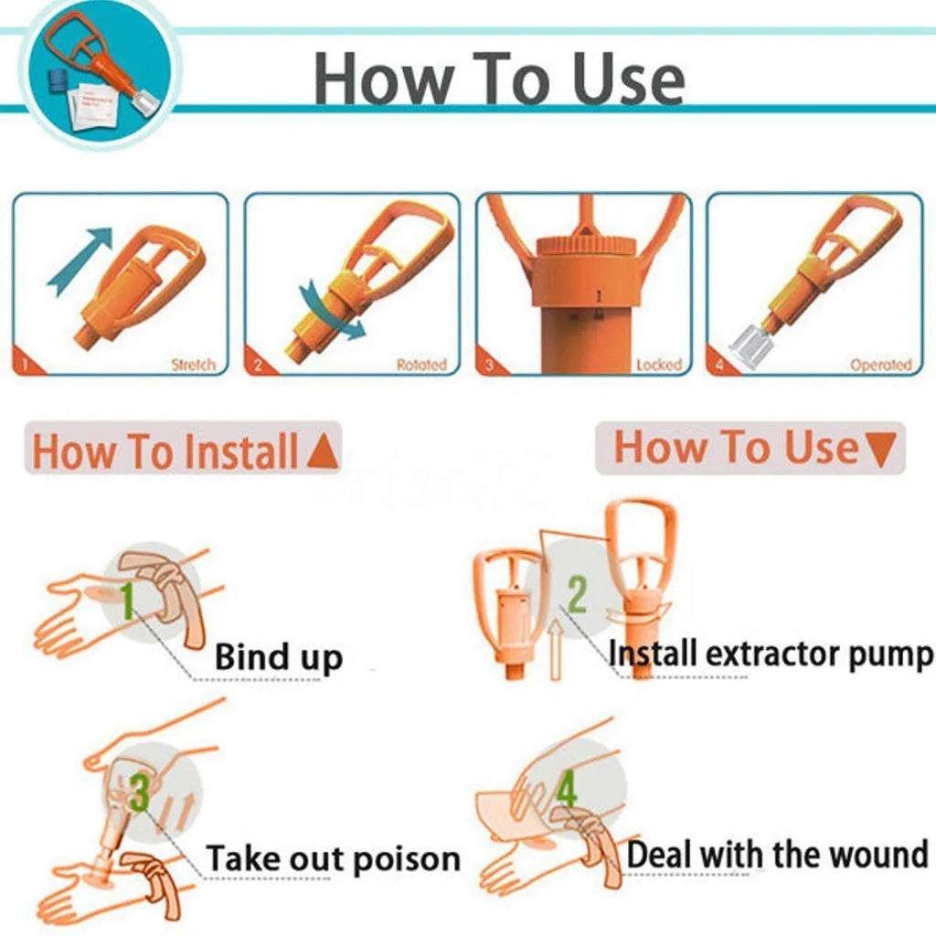 Orange portable first aid kit open to show vacuum suction pump, two suction cups, and medical accessories.