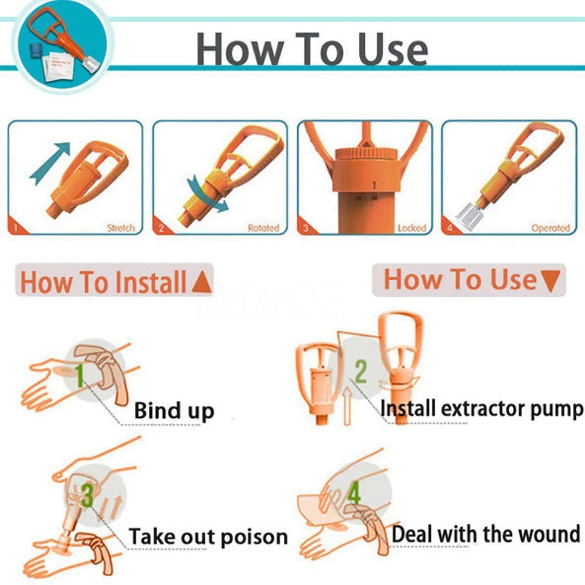 Orange portable first aid kit open to show vacuum suction pump, two suction cups, and medical accessories.
