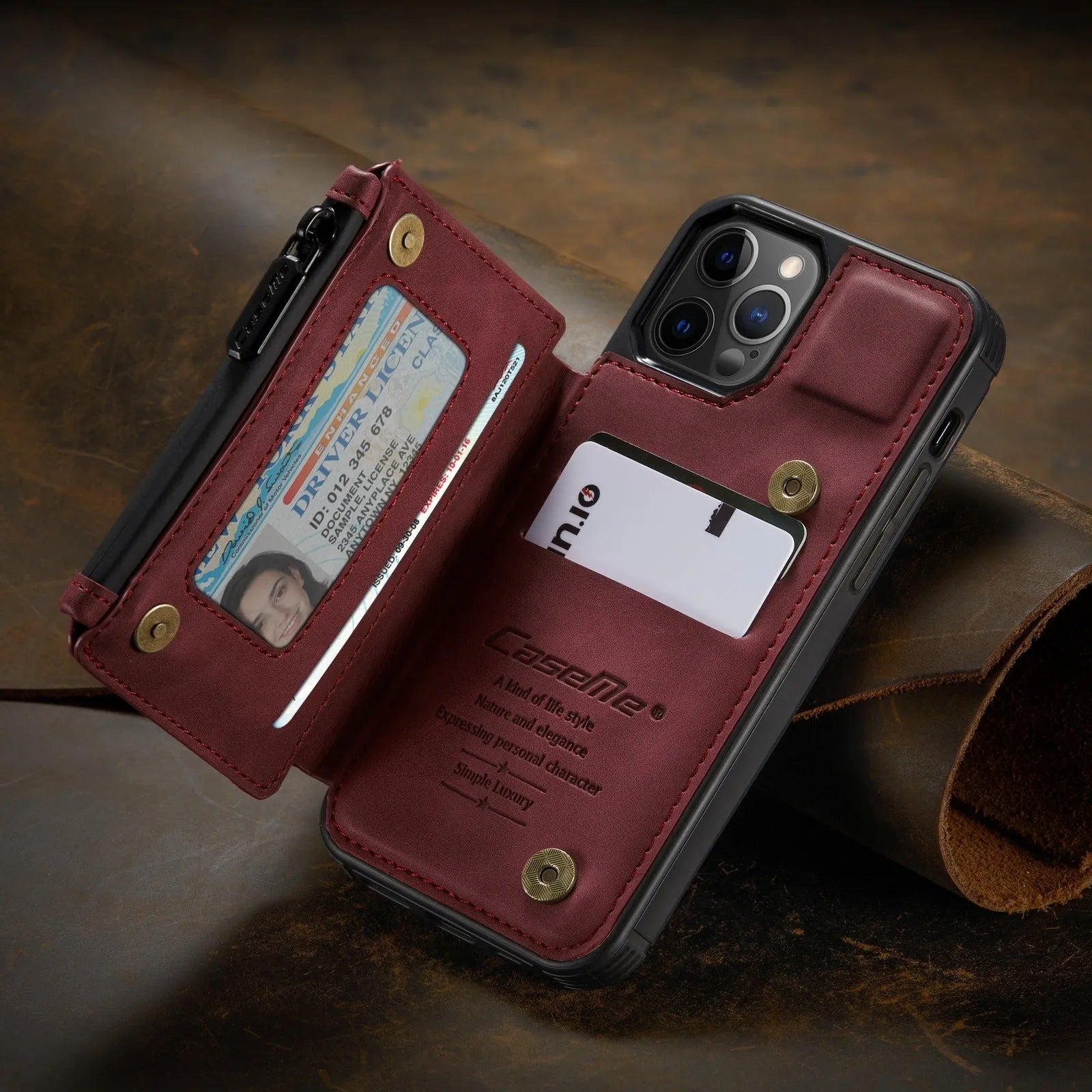 Handmade black PU leather anti-theft holster case for mobile phone with brush texture detail.