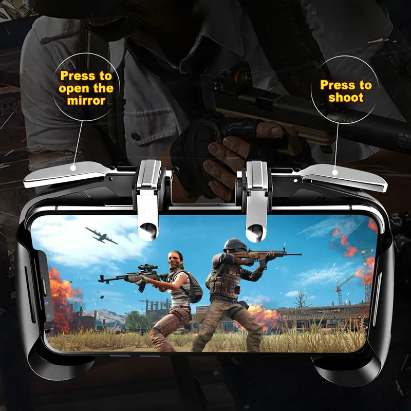 Mobile game handle with telescopic bracket attached to smartphone showing USB-C and audio ports