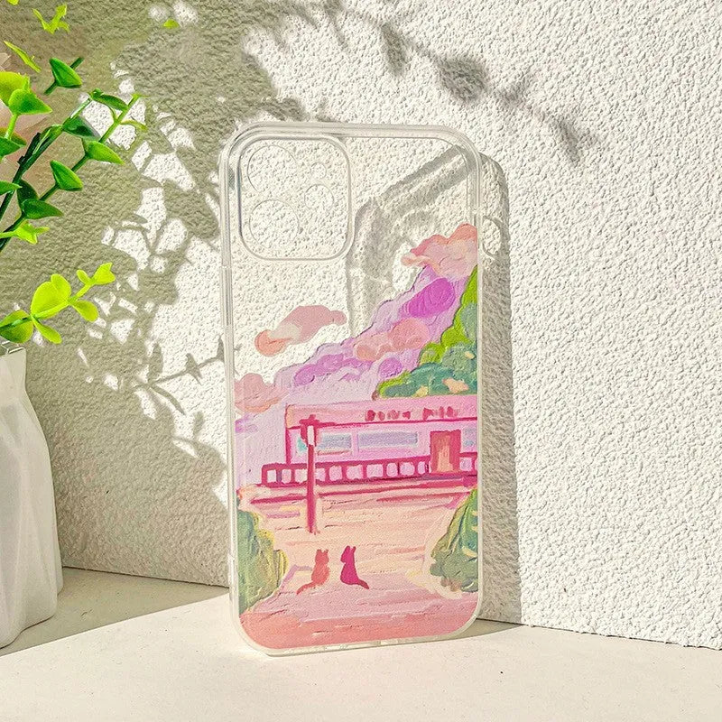 Soft silicone iPhone case with a colourful two cats cartoon design on the back.