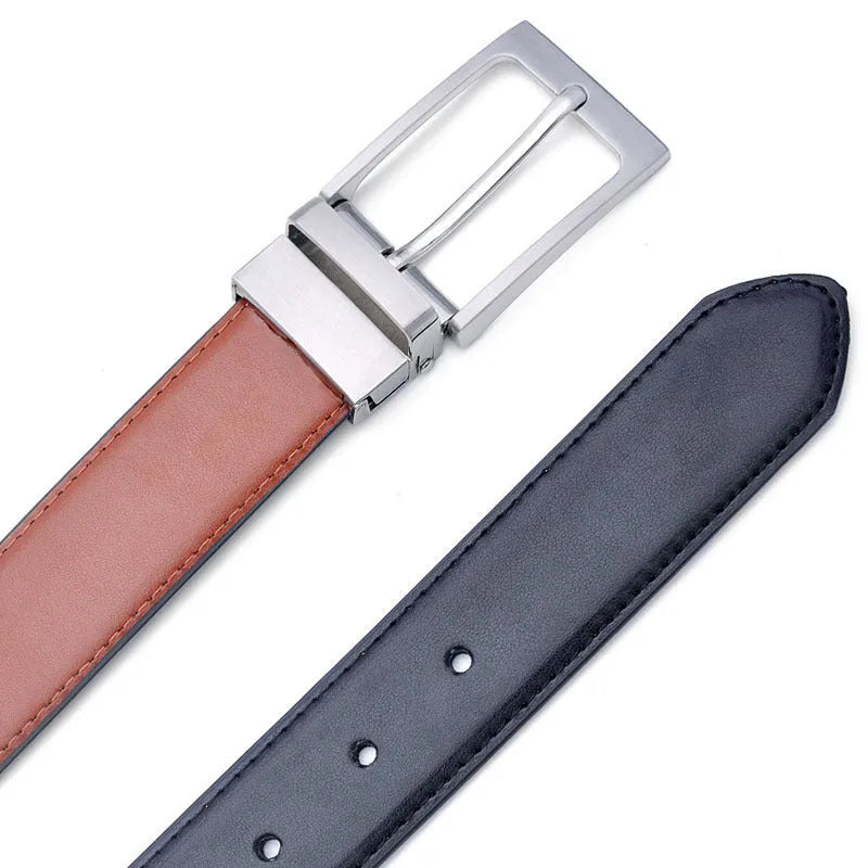 Men's brown and black genuine leather belt with rotating metal pin buckle shown at standard width