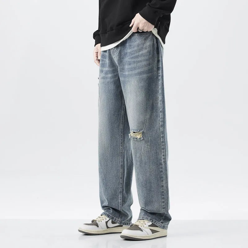 Men's hole vintage straight-leg distressed denim jeans in black grey, loose fit