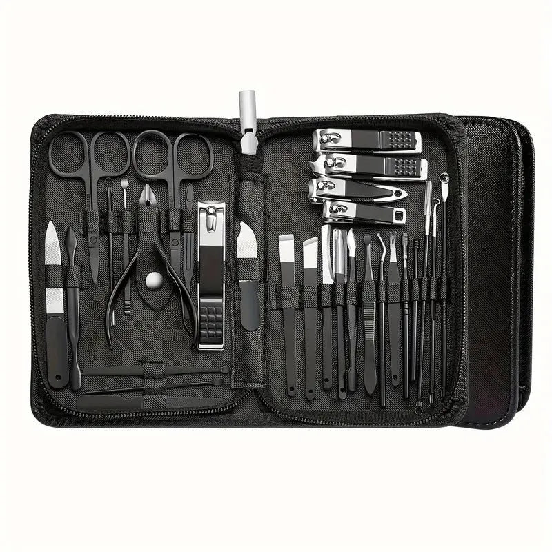 30-piece stainless steel nail beauty tool set showing cuticle pushers, nail clippers, files, buffers and tweezers