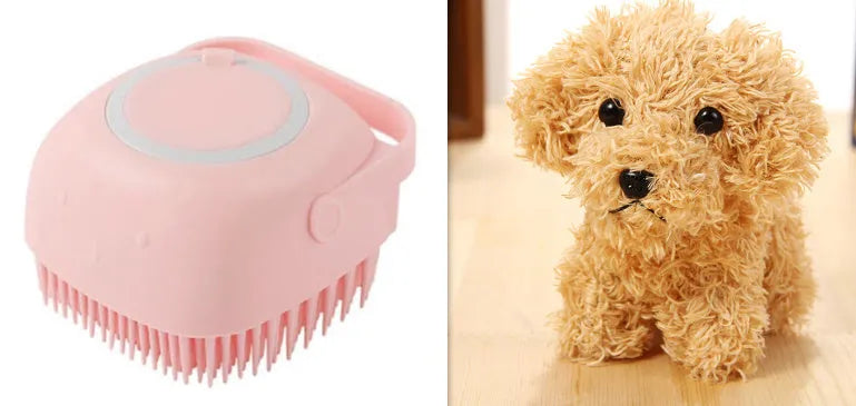 Silicone dog bath brush in blue, pink and yellow colours with soft rubber bristles and ergonomic handle