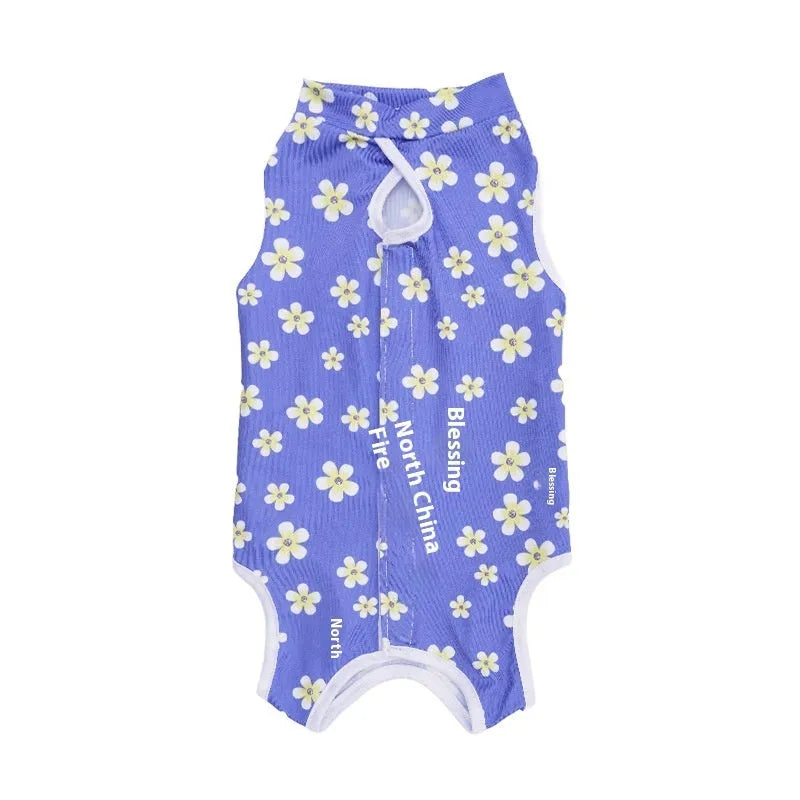 Cat wearing sterilisation recovery suit with Velcro closure in colourful print design