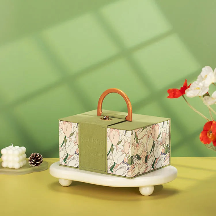 French tulip flannel cloth cosmetic case in red, shown with gift box packaging