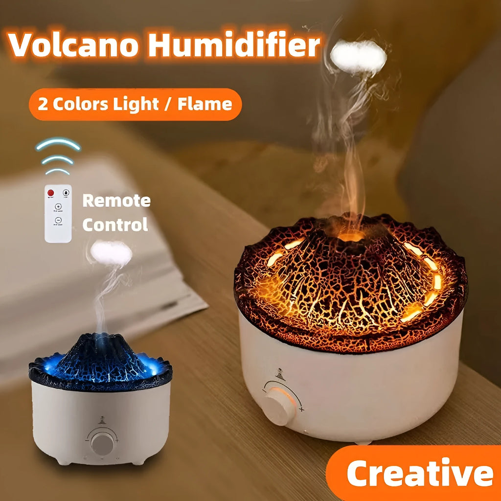 White columnar volcano humidifier with simulated flame lighting effect and remote control