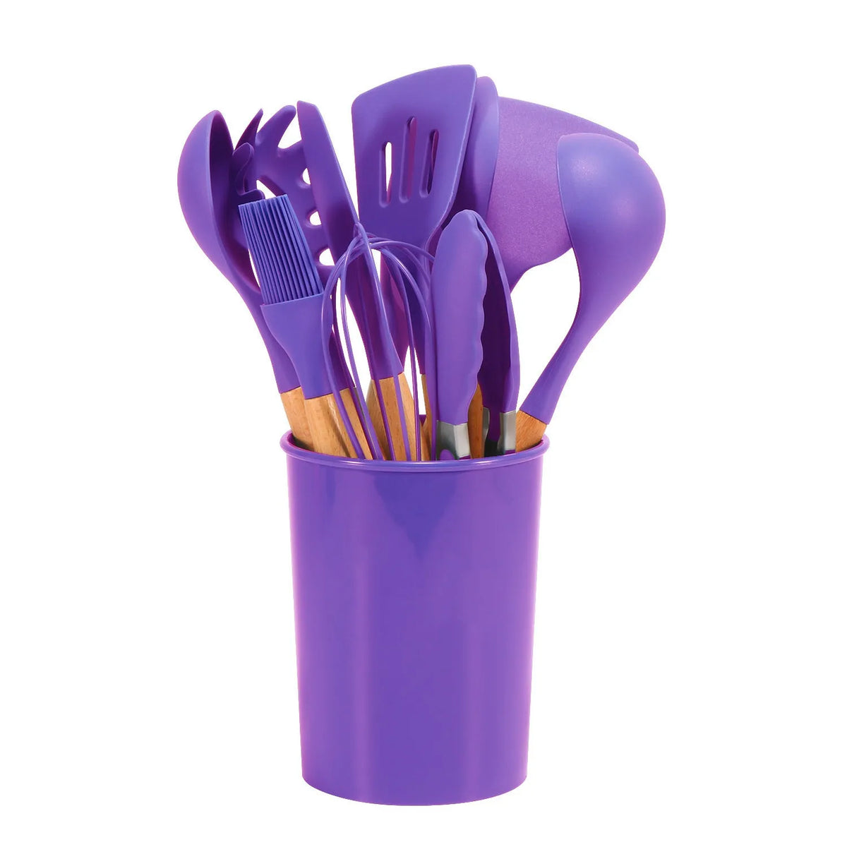 12-piece silicone kitchenware set with wooden handles in modern simplicity style, assorted colour box packaging