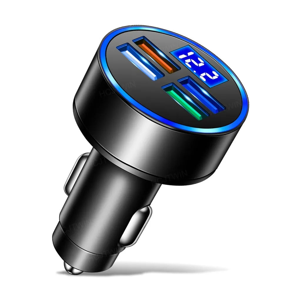Black four-port USB car charger with cigarette lighter plug for 12V sockets.