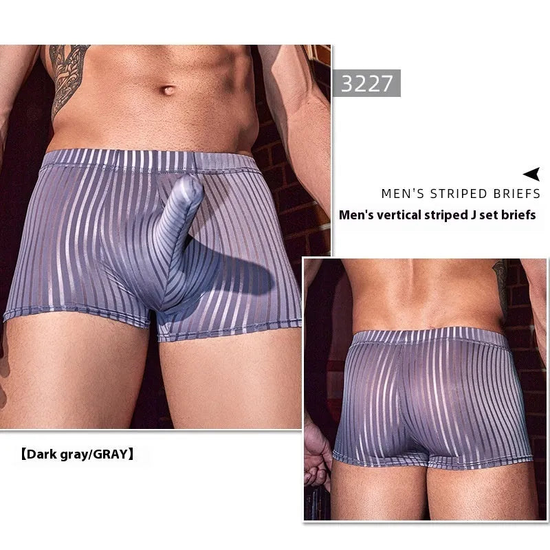 Men's vertical stripes boxer briefs in breathable nylon fabric showing black, white, and dark grey colour options