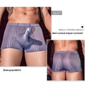Men's vertical stripes boxer briefs in breathable nylon fabric showing black, white, and dark grey colour options