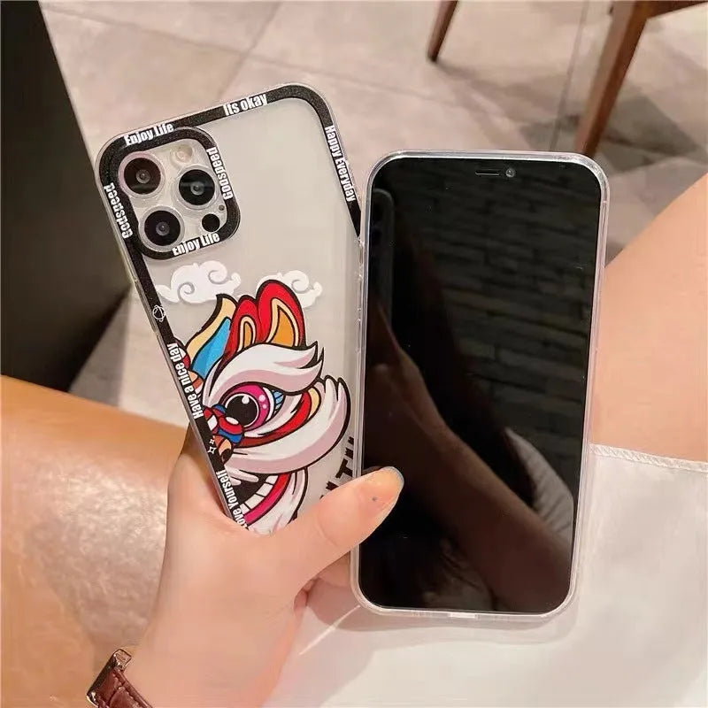 Lion dance painted TPU phone case with straight edge transparent back, Angel Eyes design, black frame, for Apple iPhone