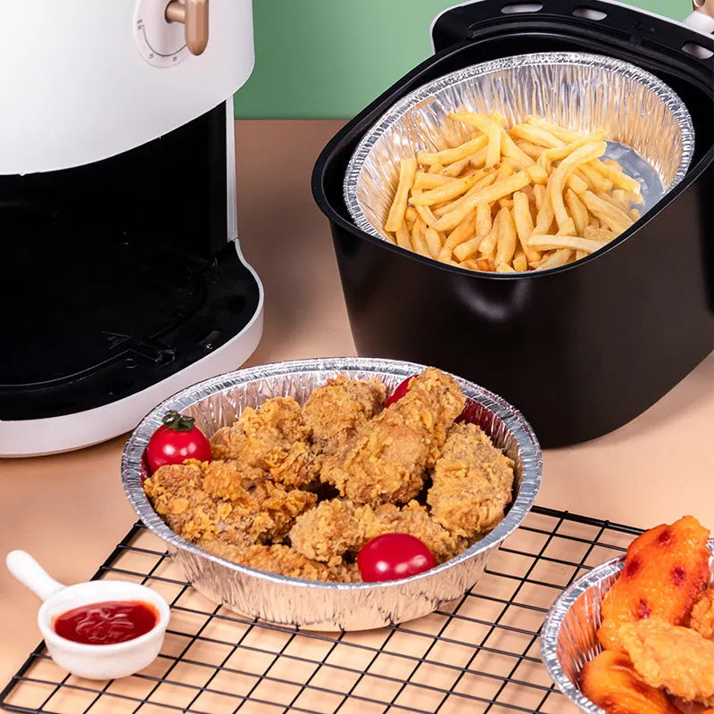 Non-stick aluminium foil air fryer liner, round 8 inch deep plate, disposable oil-proof tray with 4 cm edge