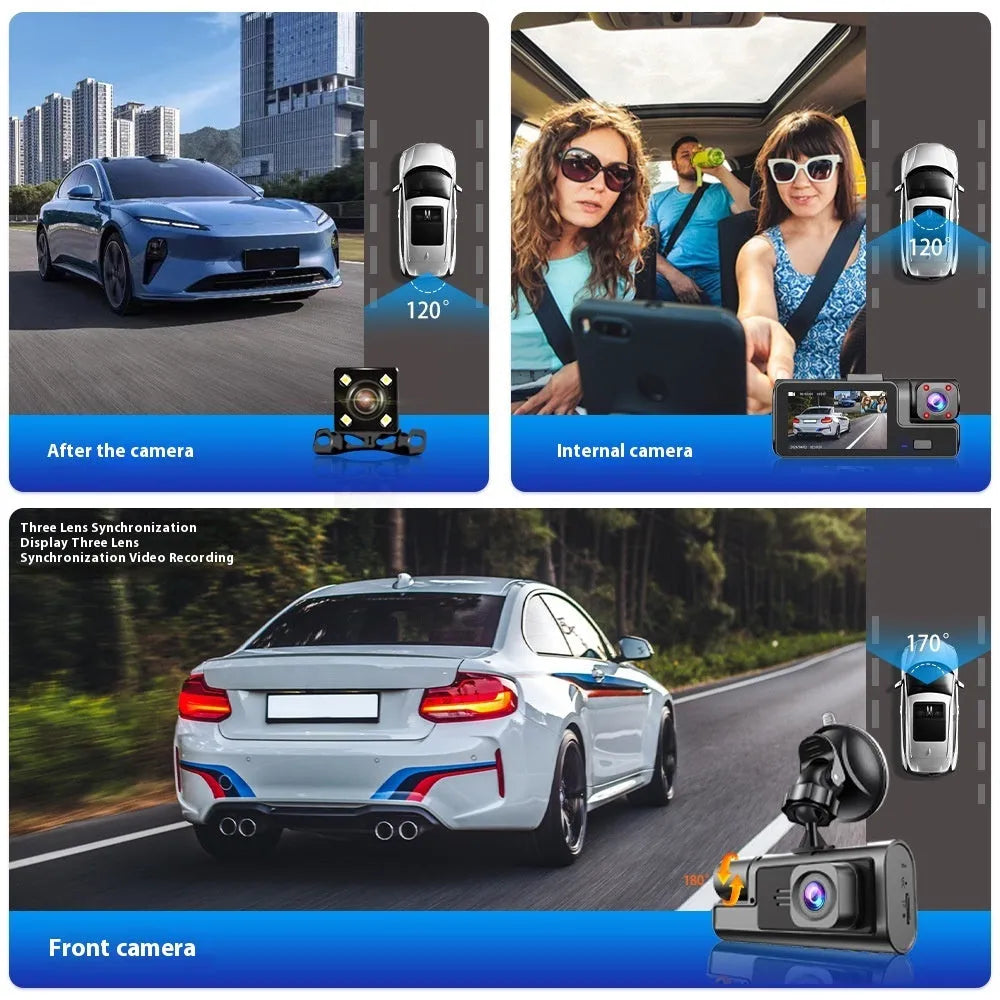Black car dash cam with 2-inch screen, mounted on windscreen, showing WiFi logo and rear camera for reversing image.