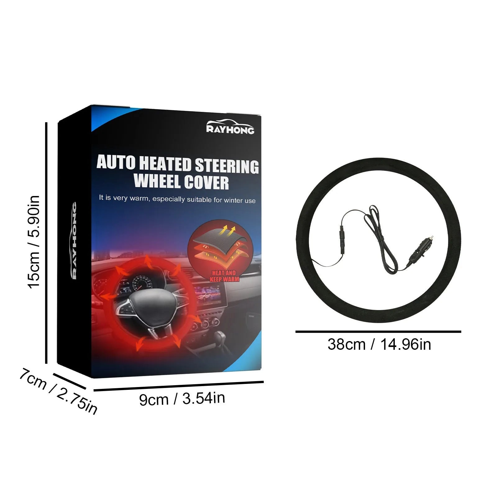 Black suede automobile steering wheel heating sleeve with 38cm diameter and 12V cable
