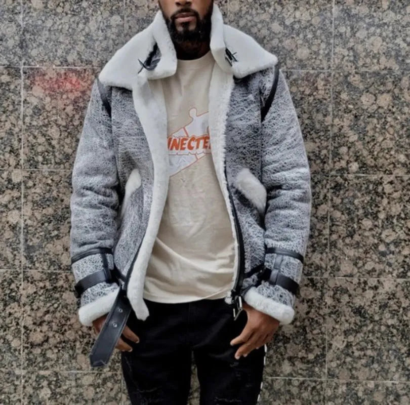 Men's grey padded jacket with large faux fur collar, zip front, and loose fit, sizes S to 5XL