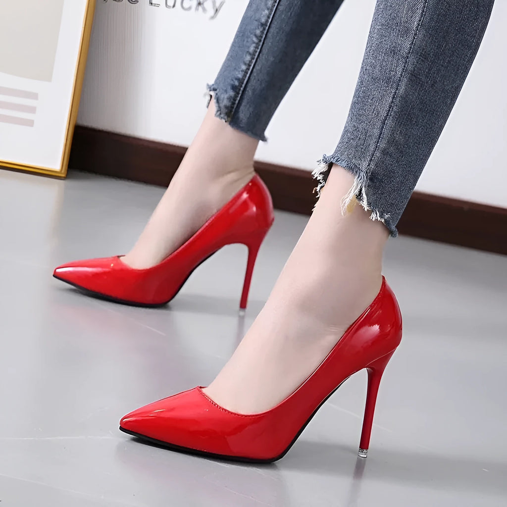 Pointed stiletto low-cut heel pump for plus size women, artificial PU upper, solid colour, rubber outsole