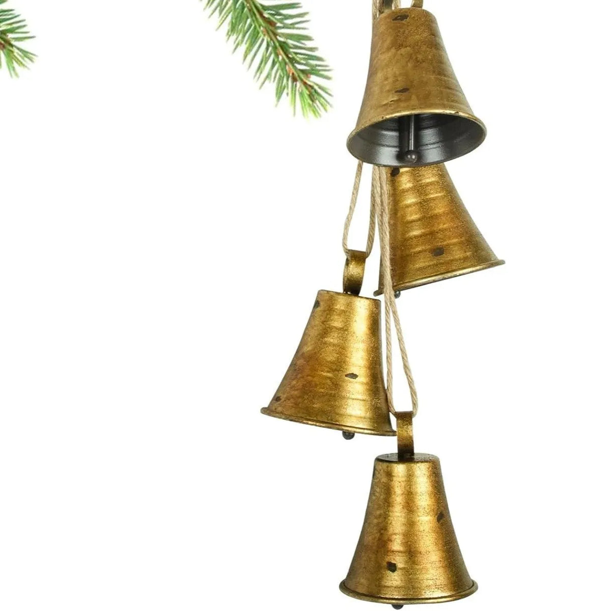 Four retro country handmade metal bells in two colour styles on a rustic wooden background