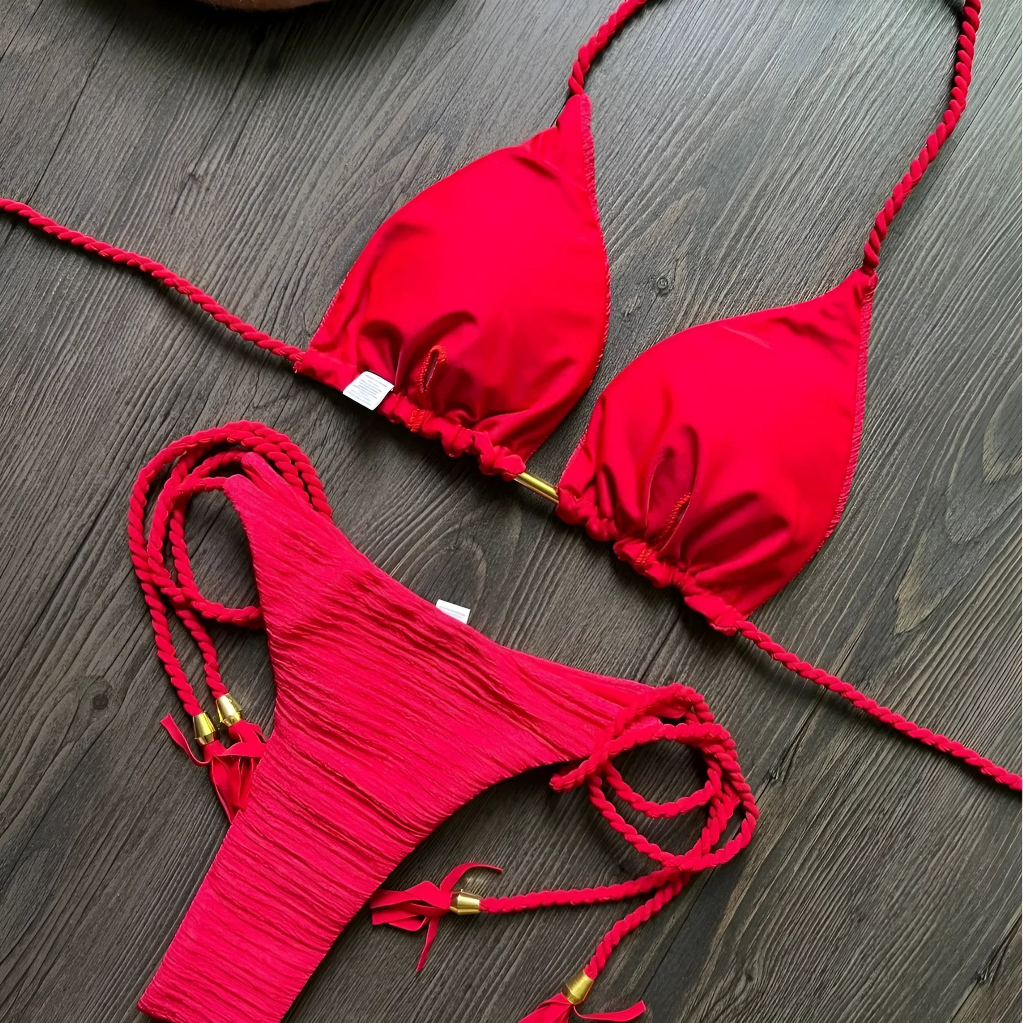 Women's fashion braided rope bikini suit cotton lined nylon swimwear solid colour