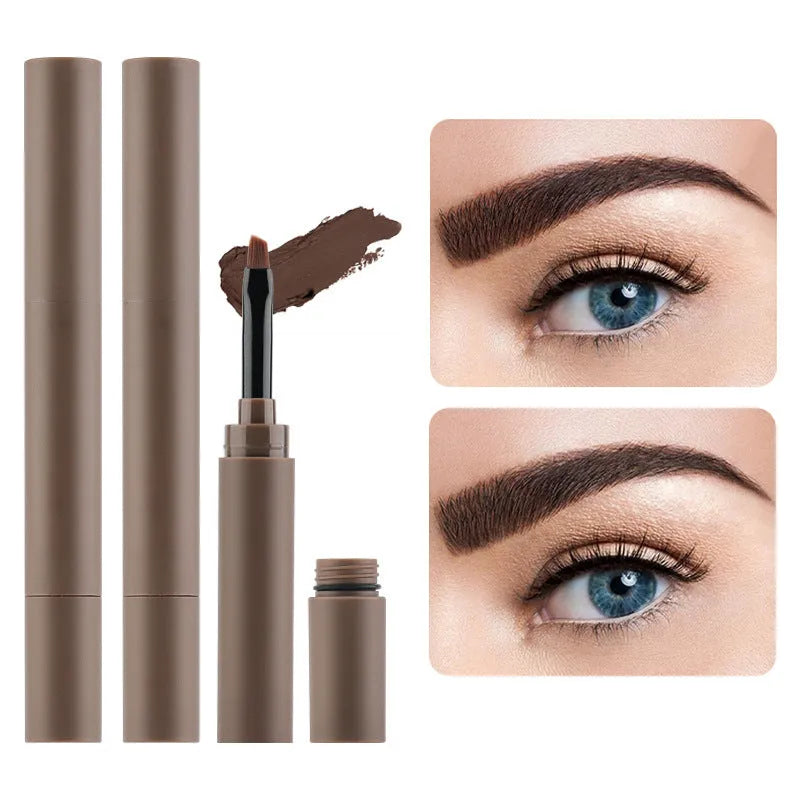 Double-headed eyebrow cream cosmetic product showing pencil and powder ends with five brown shade options