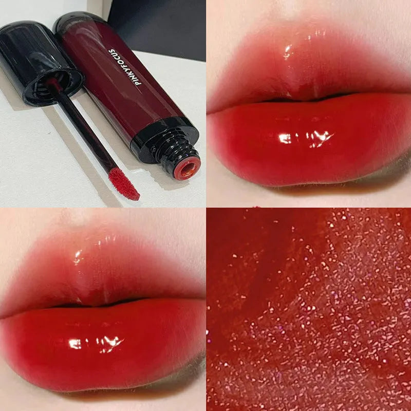 Black Shiny Mirror Lip Lacquer tube showing six colour options from tomato red to sweet potato brown