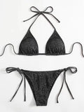 Women's split bandage style bikini swimsuit in polyester, shown in multiple colour options.