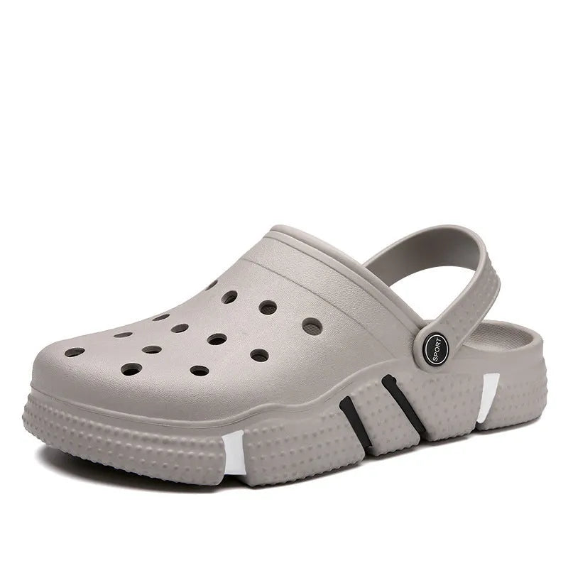 Men's non-slip EVA closed toe sandals in black with hollow-out design and height increasing sole.