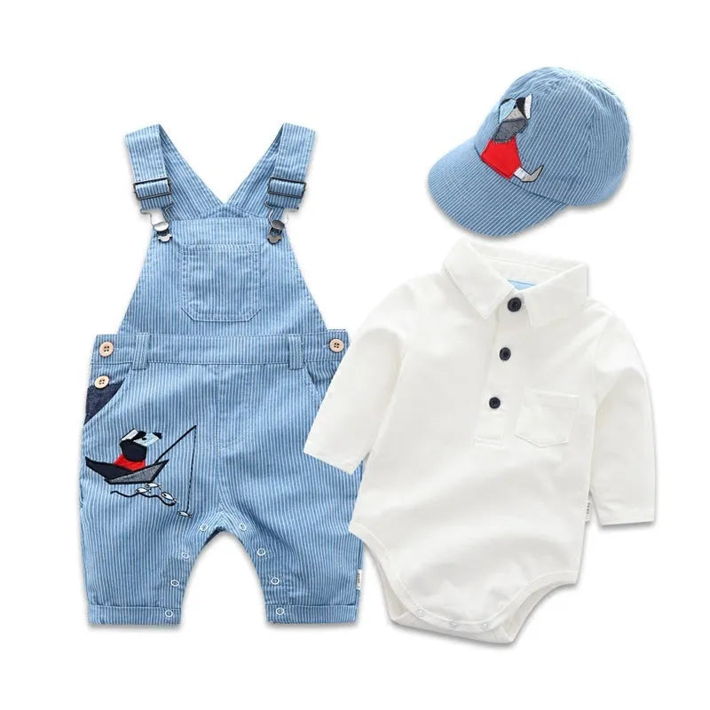 White baby cotton overalls suit with long sleeves, triangle jumpsuit, and suspenders, no hat