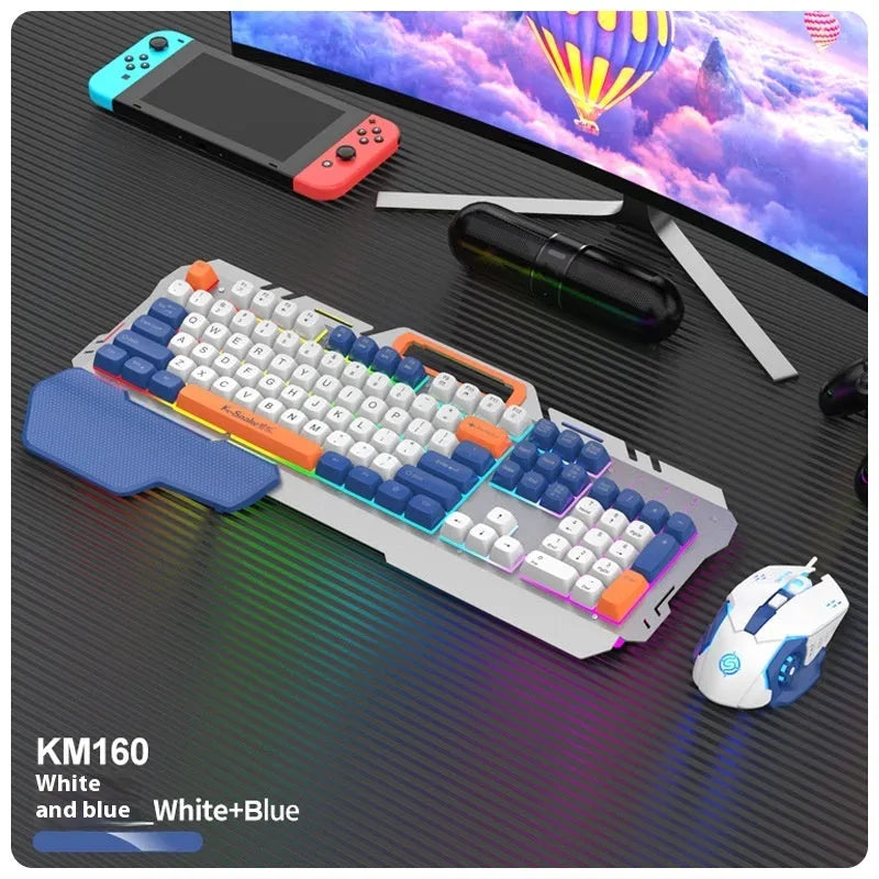 Blue and grey gaming keyboard and mouse set with colourful backlight illumination