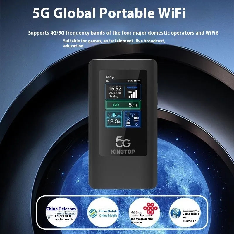 Black portable 5G MiFi router with LCD screen showing network status