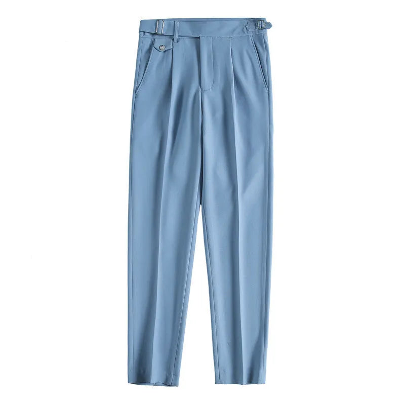 A pair of straight-leg casual trousers in a solid colour, laid flat to show the fit.
