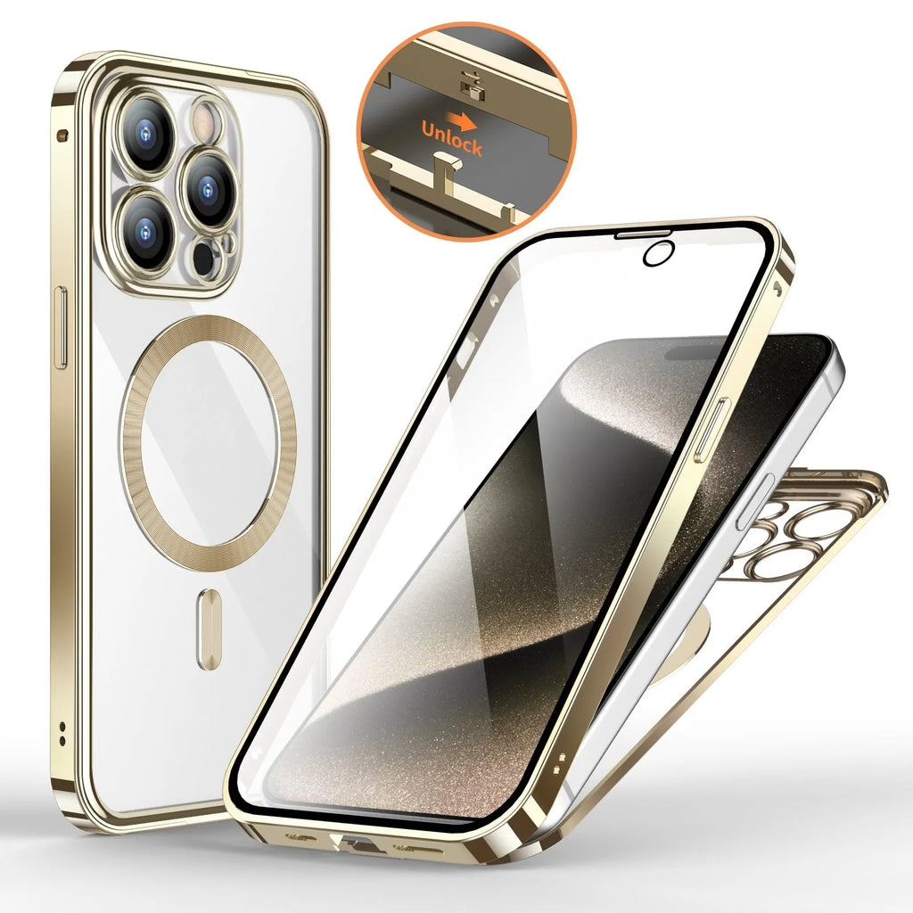 Magnetic HD electroplated metal phone case for iPhone 13 Pro Max in black colour, front view showing camera cutouts