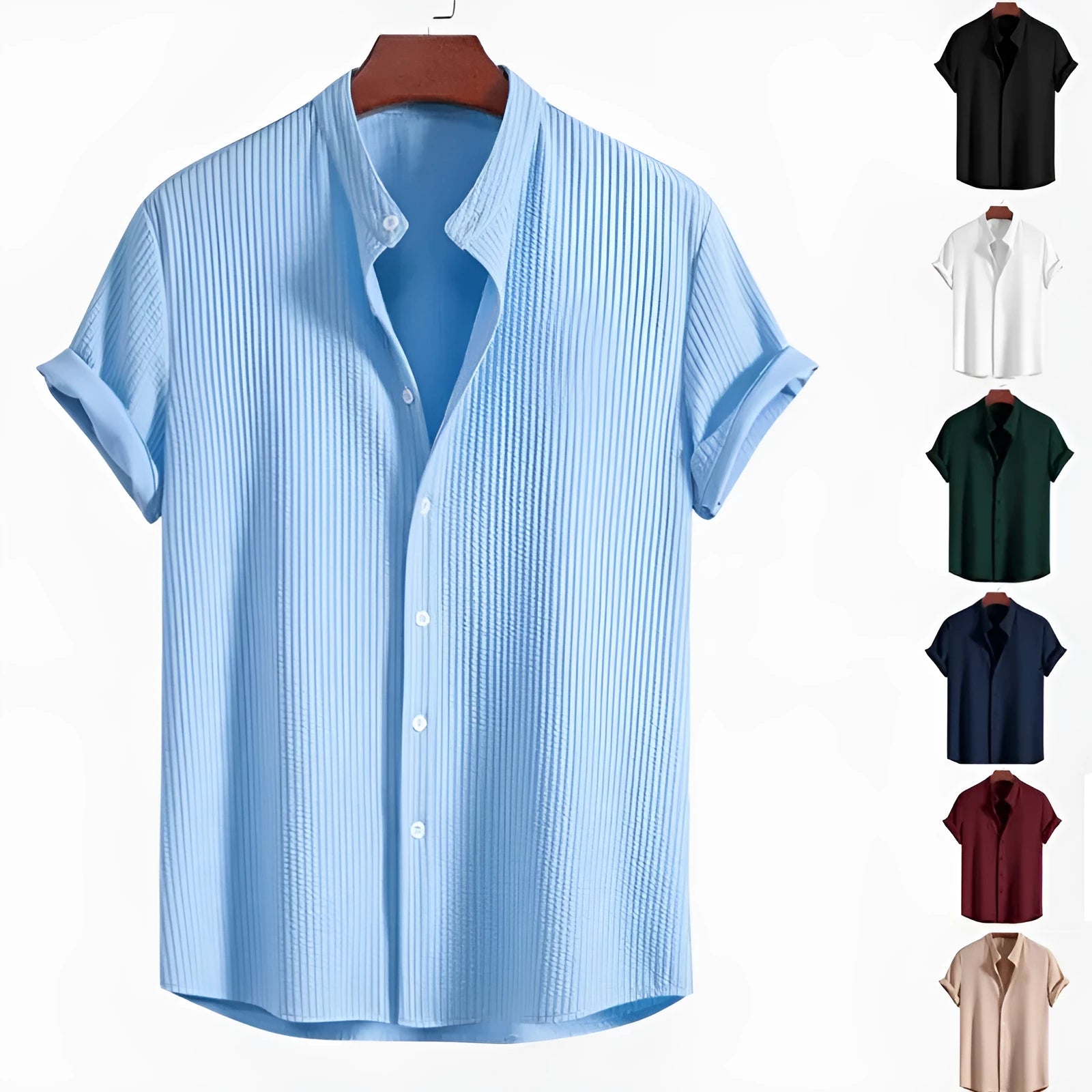 Men's loose fit short sleeve casual shirt in light blue, hanging on a plain background.