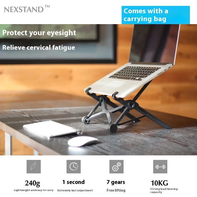 Sagacious black portable folding laptop bracket showing lifting mechanism and folded position