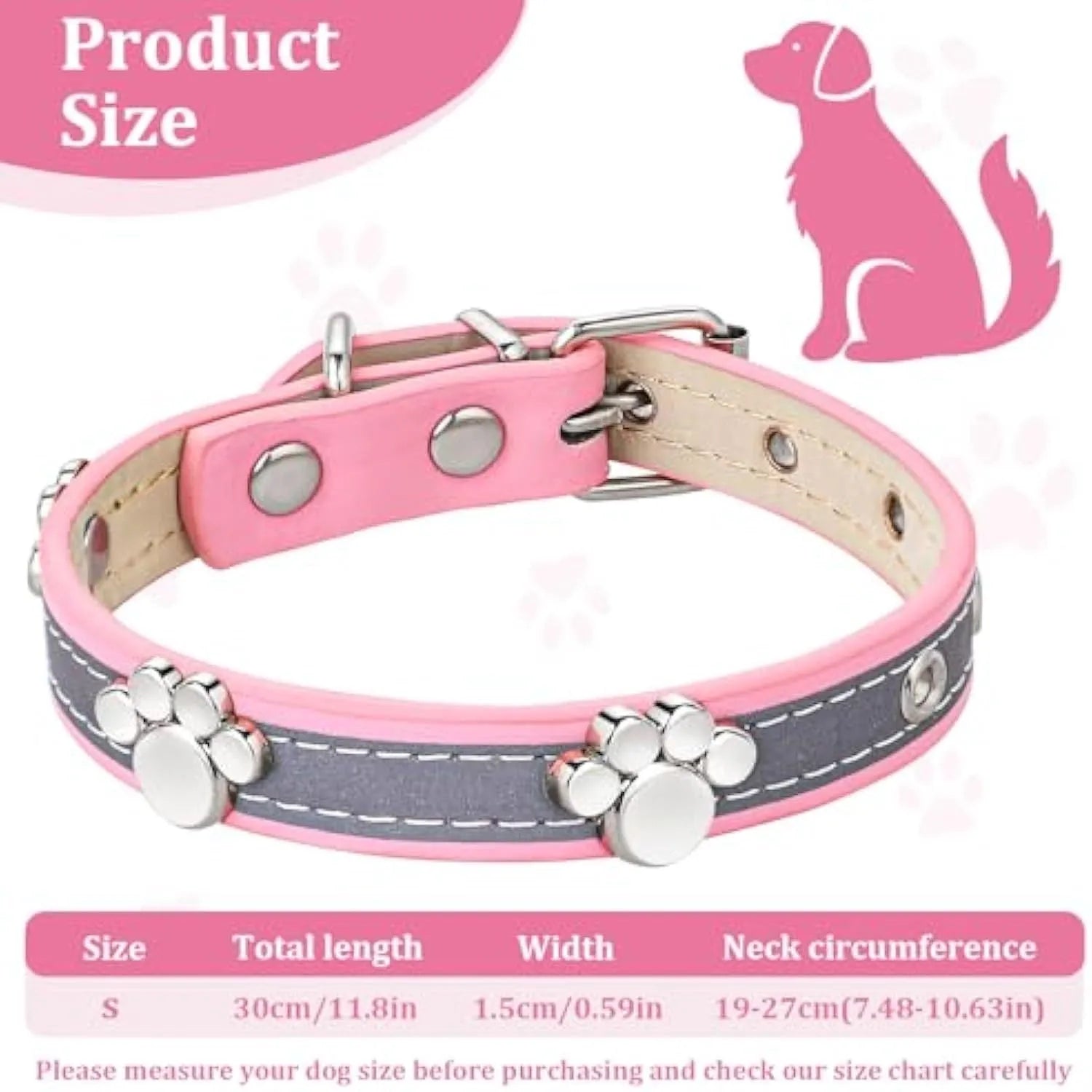 Reflective adjustable leather dog collar with cute paw rivet on a grey background.