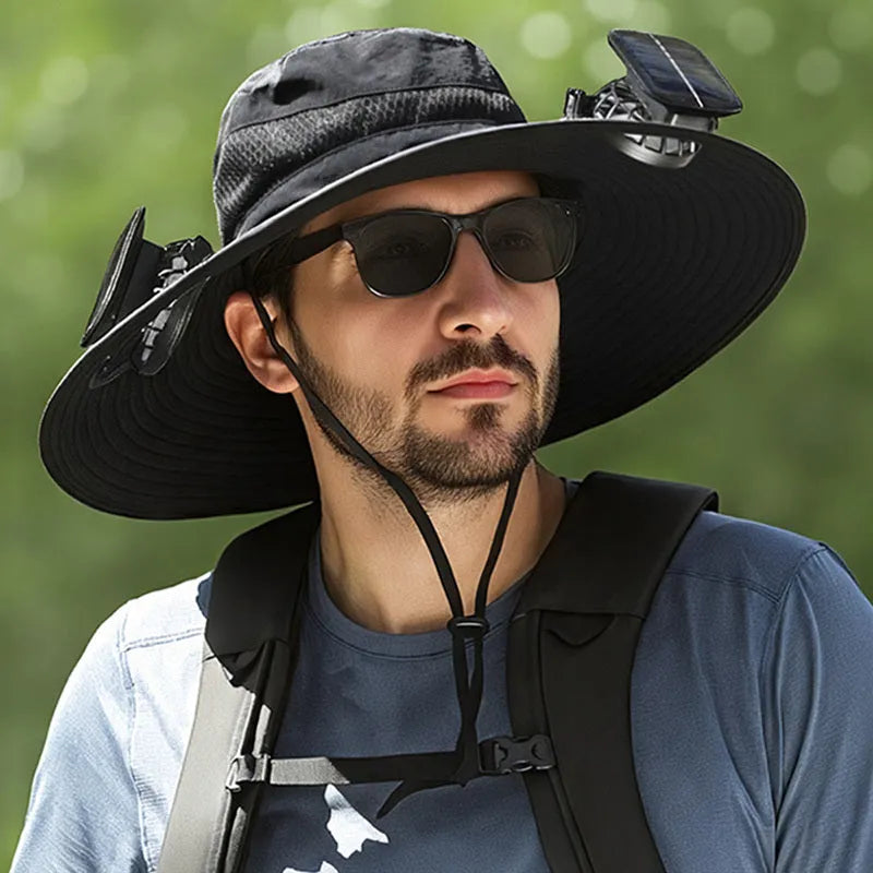 Solar-powered fan hat with adjustable brim and built-in cooling fan for outdoor use