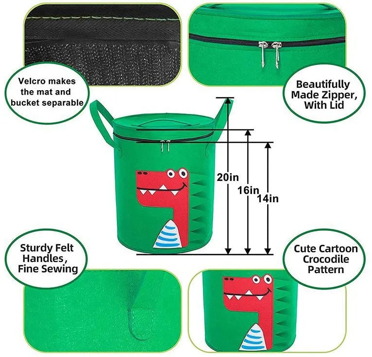 Green felt storage cube with pull rope converts to flat play mat for toy organisation