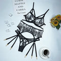 Black lace mesh three-piece set with floral print including top, pants and waist ring