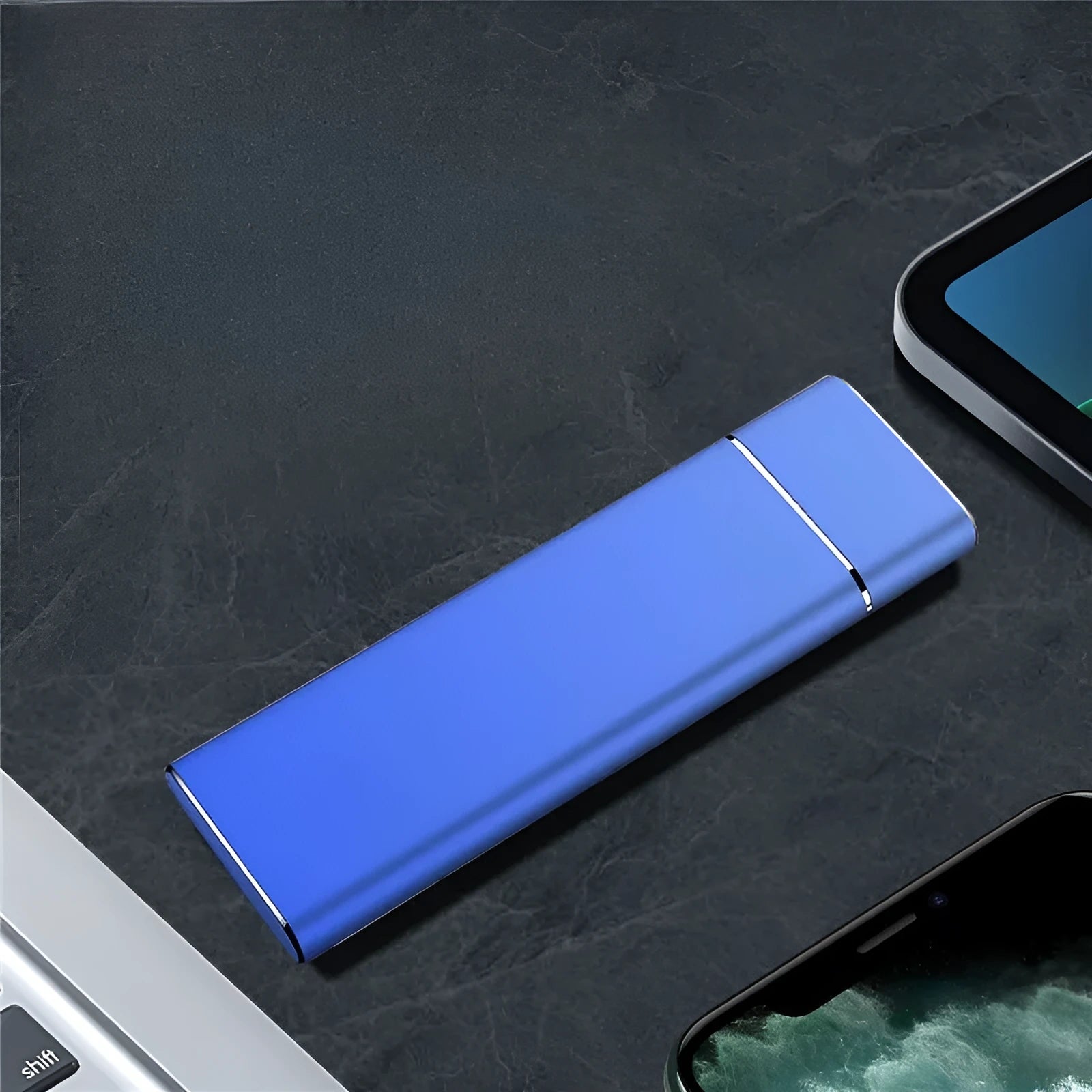 Sapphire blue portable solid state hard drive with metal housing, USB cable and manual