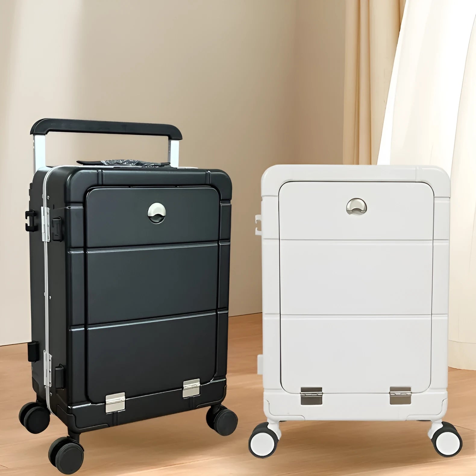 Black 20-inch hard-shell front opening suitcase showing the separate dry wet compartment and universal wheels.
