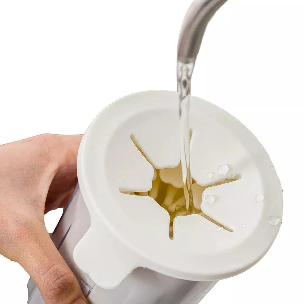 Portable pet foot washer cup in white with soft silicone bristles, 95 x 120mm, for small dog paw cleaning