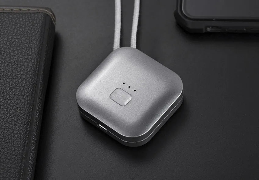USB portable air purifier necklace in blue, pink, grey or white colour options.