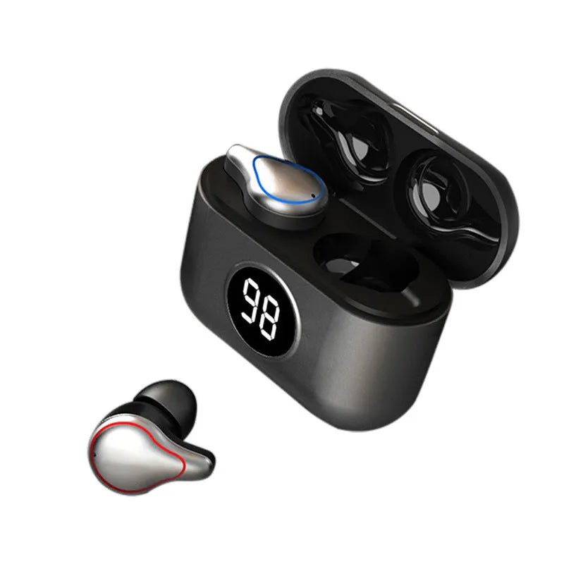 Black and blue in-ear Bluetooth headset with bilateral stereo earplugs