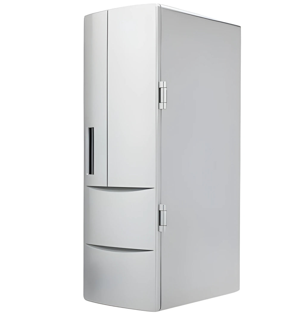 Mini USB fridge with open door showing cans and bottles inside, dimensions 12x8.5x25cm