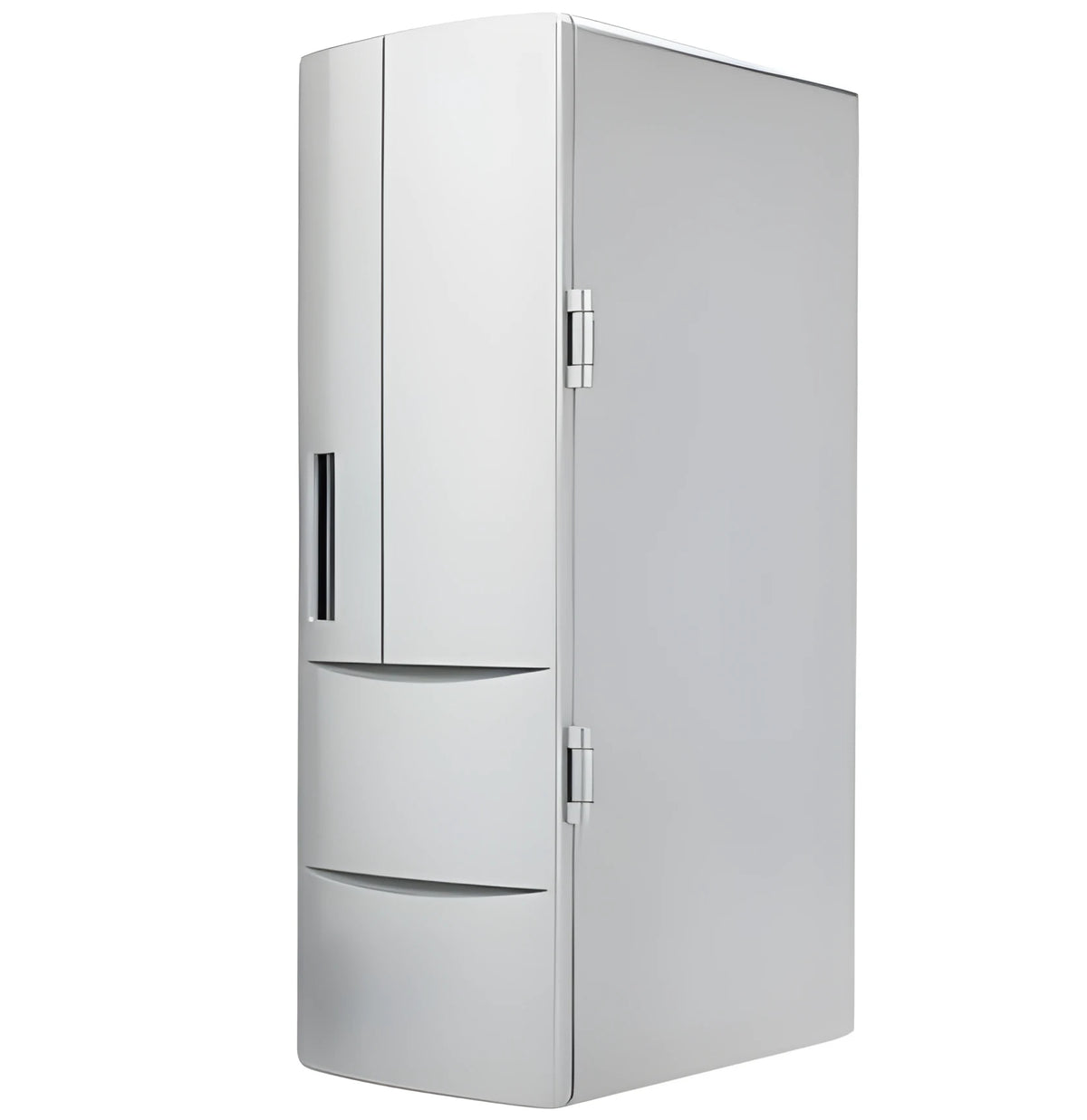 Mini USB fridge with open door showing cans and bottles inside, dimensions 12x8.5x25cm
