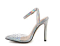 Women's pointed toe diamond sandals with stiletto heel on a white background.