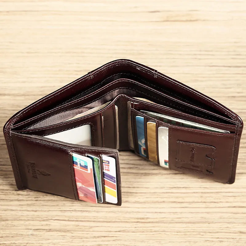 Men's leather wallet showing multiple internal compartments including photo slot and card holders
