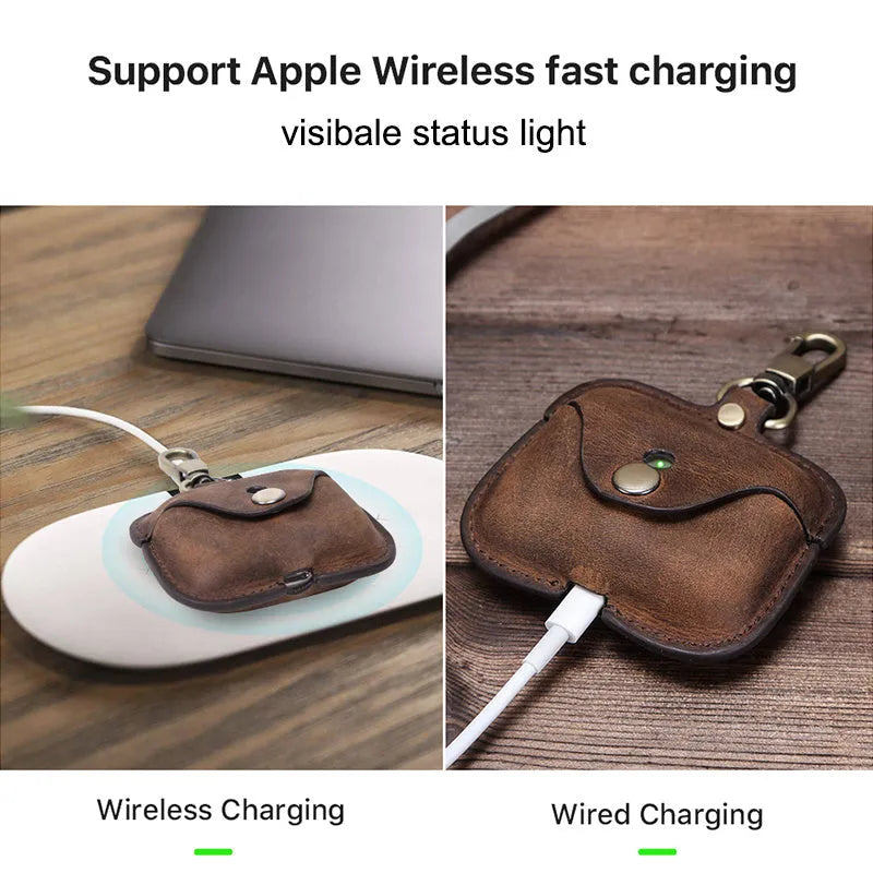 Brown leather AirPods Pro case with crazy horse pattern in clamshell vintage design